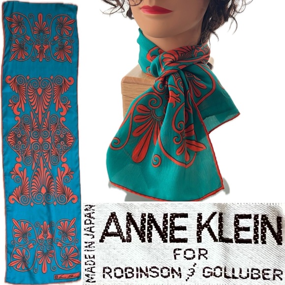 🧡Vintage Teal & Orange Floral Scarf by Anne Klein | 12”W x 44”L - Picture 1 of 17